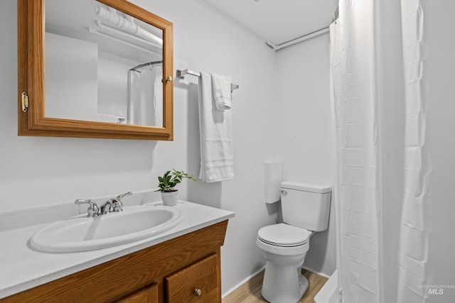 bathroom featuring vanity, wood finished floors, and toilet