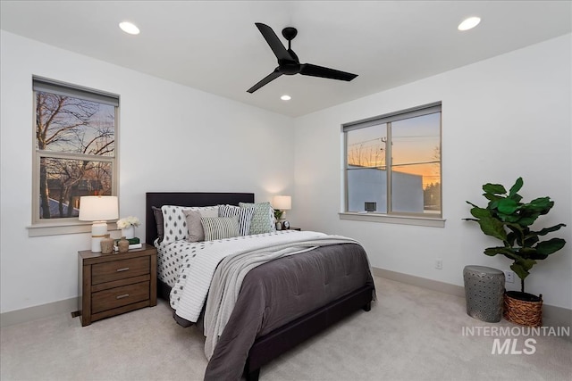 bedroom featuring recessed lighting, baseboards, a ceiling fan, and carpet flooring