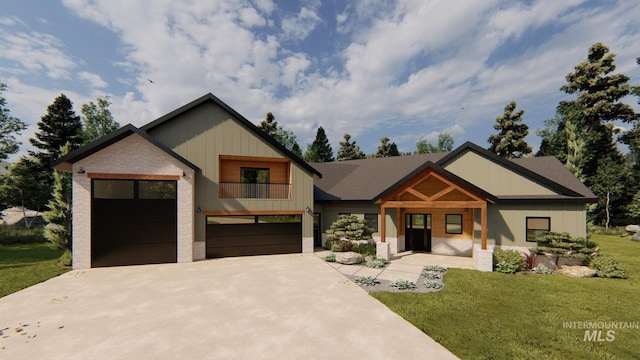 13897 Sky View Ct, Mccall, ID 83638 - modern farmhouse with a front yard, concrete driveway, board and batten siding, stone siding, and covered porch