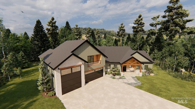 13897 Sky View Ct, Mccall, ID 83638 - modern farmhouse style home featuring driveway, a front lawn, a garage, and a balcony