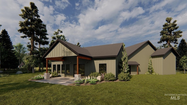 13897 Sky View Ct, Mccall, ID 83638 - back of house featuring a yard, a patio area, and board and batten siding