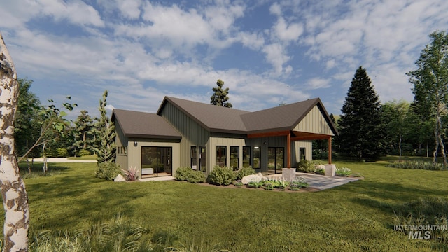 13897 Sky View Ct, Mccall, ID 83638 - rear view of house with a patio area, a lawn, and board and batten siding