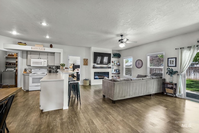 living room featuring ceiling fan, dark wood-style floors, and a textured ceiling