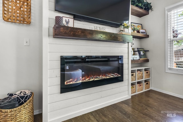 room details with baseboards, a glass covered fireplace, and wood finished floors