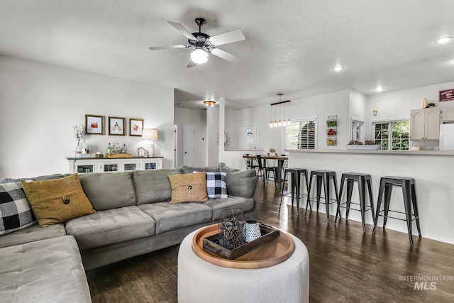 living area featuring plenty of natural light, a ceiling fan, and dark wood-style flooring