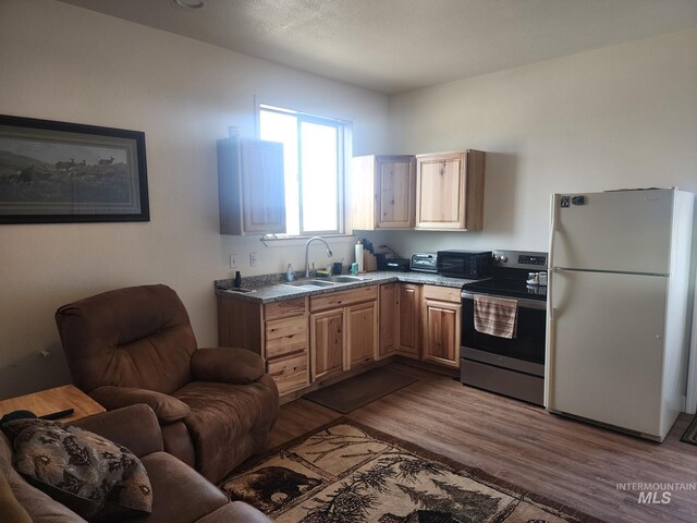 kitchen with dark hardwood / wood-style floors, sink, white fridge, and stainless steel electric range