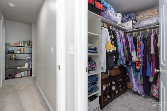 walk in closet featuring light carpet