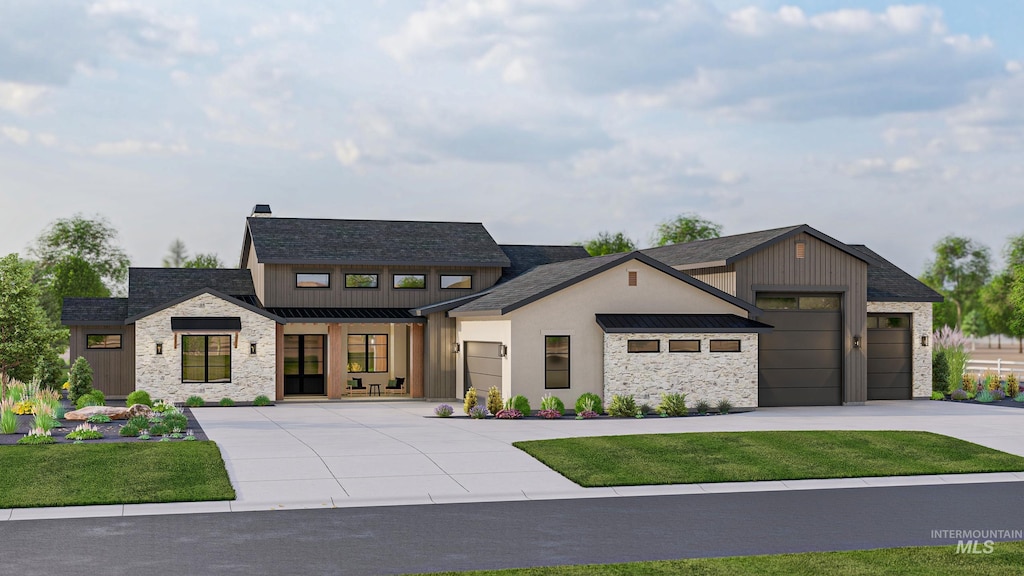 9334 Tula Dr, Middleton, ID 83644 - modern inspired farmhouse with a standing seam roof, metal roof, a garage, stone siding, and driveway