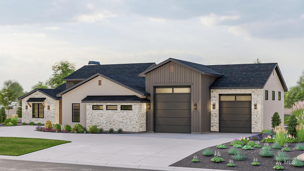 9334 Tula Dr, Middleton, ID 83644 - modern farmhouse style home with a garage, stone siding, a shingled roof, and concrete driveway