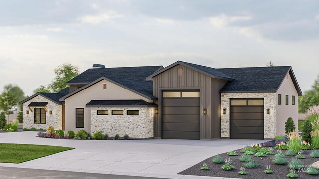 9334 Tula Dr, Middleton, ID 83644 - modern farmhouse style home with a garage, stone siding, a shingled roof, and concrete driveway