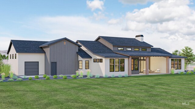 9334 Tula Dr, Middleton, ID 83644 - rear view of house with a garage, a chimney, and a lawn