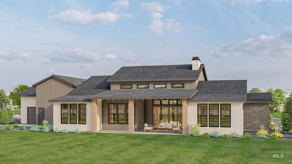 9334 Tula Dr, Middleton, ID 83644 - rear view of house featuring a patio, a chimney, an outdoor hangout area, roof with shingles, and a yard