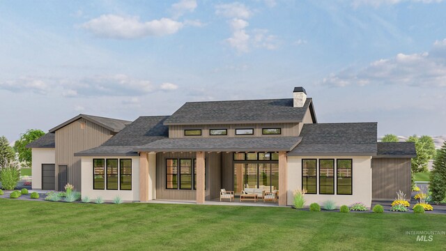 9334 Tula Dr, Middleton, ID 83644 - rear view of house featuring a patio, a chimney, an outdoor hangout area, roof with shingles, and a yard