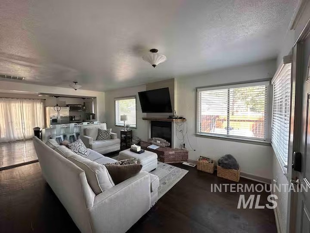 640 Roosevelt Ave, Grand View, ID 83624 - living area with a fireplace, baseboards, visible vents, and wood finished floors