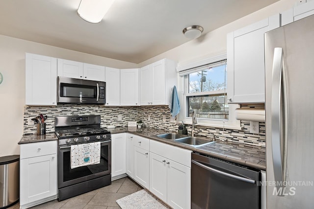 92 N Yale St, Nampa, ID 83651 - kitchen featuring tasteful backsplash, stainless steel appliances, a sink, white cabinetry, and light tile patterned flooring