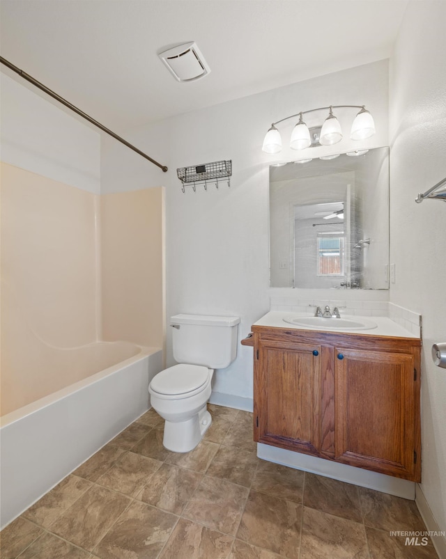 bathroom featuring bathing tub / shower combination, visible vents, toilet, and vanity