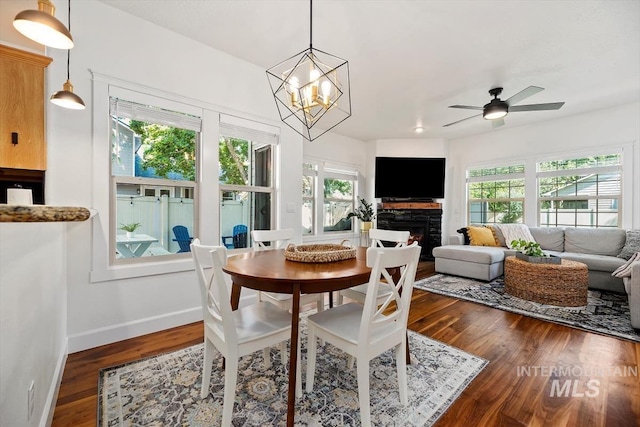 dining area with a fireplace, wood-type flooring, and a wealth of natural light