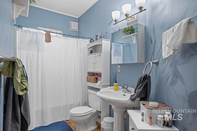 bathroom with a shower with shower curtain, a sink, ornamental molding, and toilet
