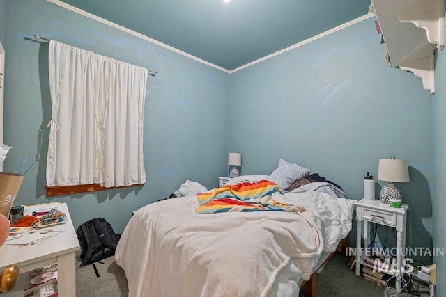 carpeted bedroom featuring crown molding