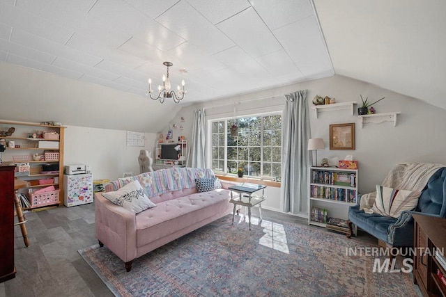 living area with an inviting chandelier and lofted ceiling