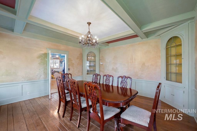 dining space featuring a notable chandelier, wainscoting, beamed ceiling, and coffered ceiling