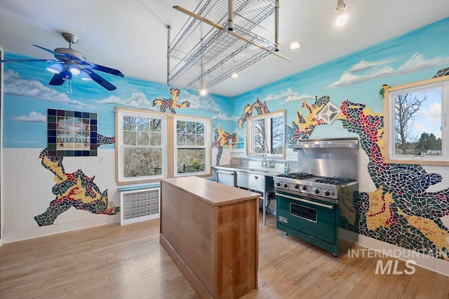 kitchen featuring premium range, light wood-style floors, and ceiling fan
