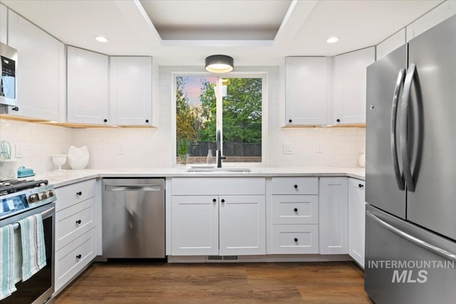 kitchen featuring white cabinetry, tasteful backsplash, stainless steel appliances, and a sink