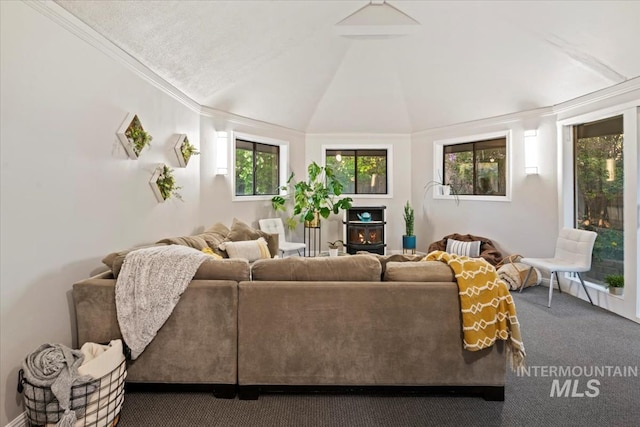 carpeted living area with lofted ceiling