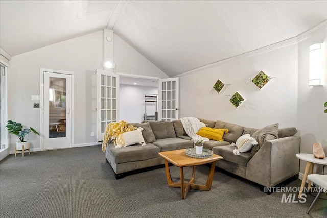 living area with french doors, high vaulted ceiling, carpet flooring, and baseboards