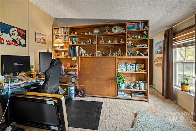 home office featuring a textured ceiling and carpet flooring