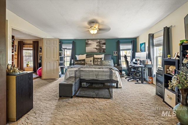 bedroom with ceiling fan, a textured ceiling, multiple windows, and carpet floors