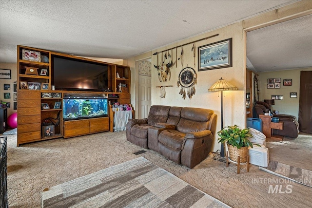 carpeted living room with a textured ceiling and vaulted ceiling