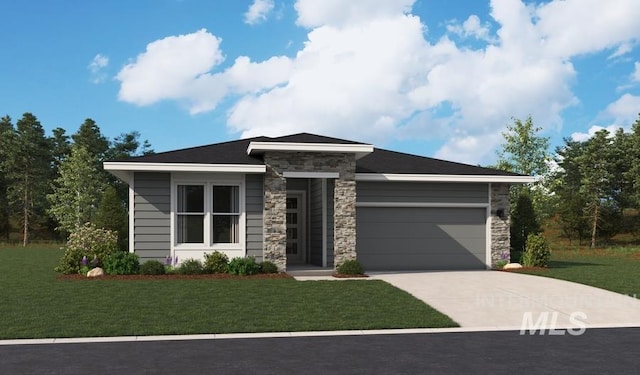 622 E Lockhart St, Meridian, ID 83646 - view of front facade with stone siding, driveway, a garage, and a front lawn