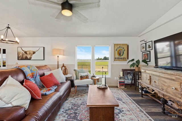 5950 Elmore Rd, New Plymouth, ID 83655 - living area with a chandelier, a textured ceiling, ceiling fan, and wood finished floors