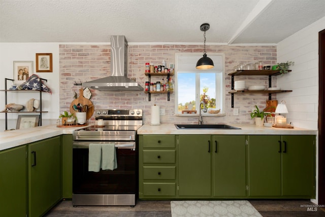 5950 Elmore Rd, New Plymouth, ID 83655 - kitchen featuring stainless steel range with electric stovetop, wall chimney exhaust hood, open shelves, a sink, and a textured ceiling