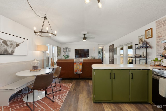 5950 Elmore Rd, New Plymouth, ID 83655 - kitchen with green cabinets, dark wood-style floors, range with electric cooktop, a ceiling fan, and vaulted ceiling