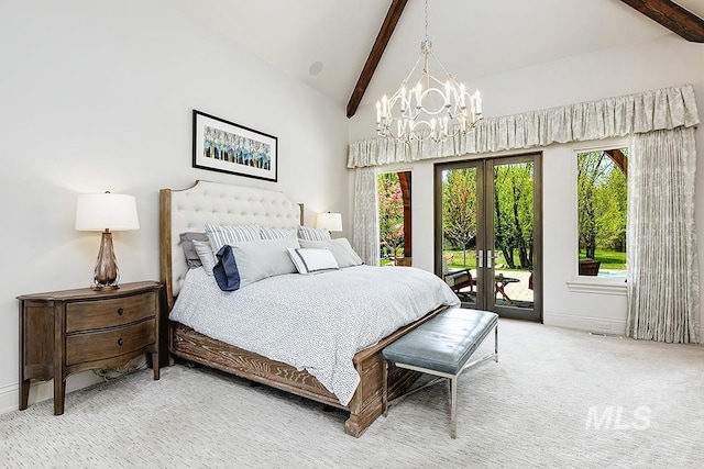 carpeted bedroom with access to outside, french doors, beam ceiling, and a chandelier