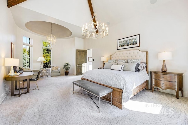 carpeted bedroom with high vaulted ceiling, baseboards, beamed ceiling, and a chandelier