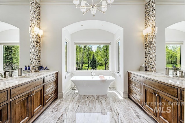 bathroom featuring a sink, a freestanding bath, and two vanities