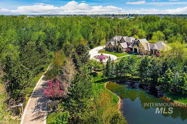 bird's eye view with a water view and a view of trees