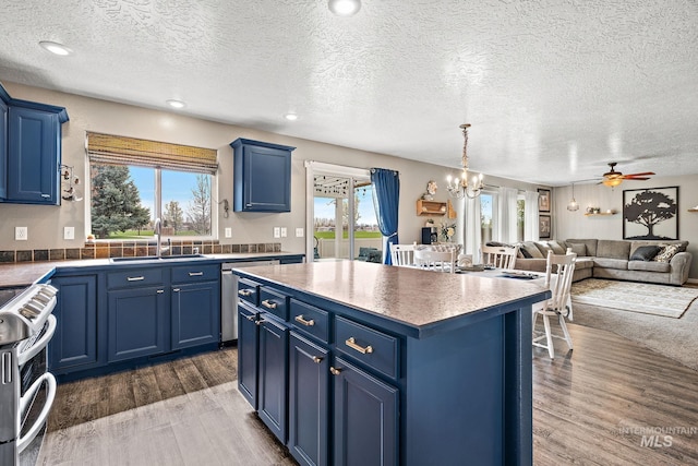 2801 W Lost Rpds, Meridian, ID 83646 - kitchen with blue cabinetry, stainless steel appliances, ceiling fan with notable chandelier, a sink, and wood finished floors