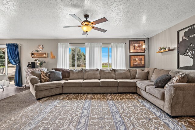 2801 W Lost Rpds, Meridian, ID 83646 - living area with a textured ceiling, wood finished floors, and ceiling fan