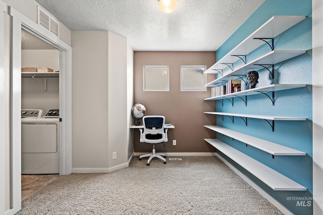2801 W Lost Rpds, Meridian, ID 83646 - office with washing machine and dryer, a textured ceiling, visible vents, and carpet floors