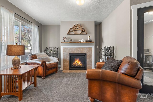 2801 W Lost Rpds, Meridian, ID 83646 - carpeted living room featuring a fireplace and a textured ceiling