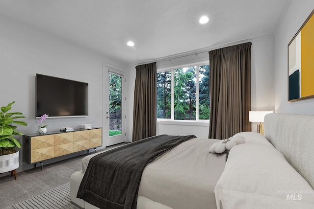 bedroom with access to outside, carpet flooring, and recessed lighting