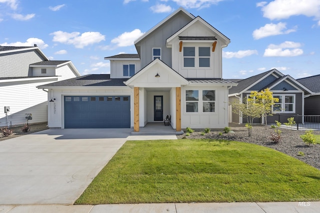 modern inspired farmhouse with an attached garage, driveway, board and batten siding, a front lawn, and a standing seam roof