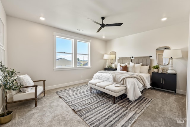 bedroom with carpet, baseboards, a ceiling fan, and recessed lighting