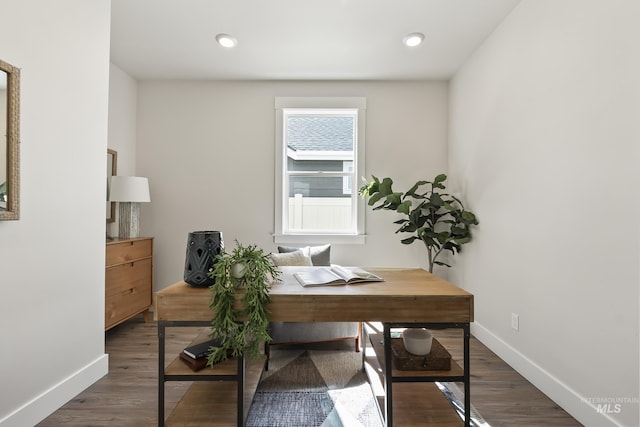 office featuring baseboards, dark wood-type flooring, and recessed lighting