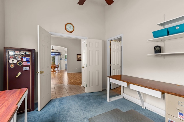 2313 River Oaks Ct, Nampa, ID 83686 - mudroom with a ceiling fan, arched walkways, carpet, a towering ceiling, and tile patterned flooring