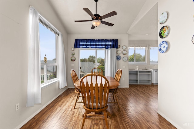 2313 River Oaks Ct, Nampa, ID 83686 - dining room featuring wood finished floors, ceiling fan, baseboards, and lofted ceiling